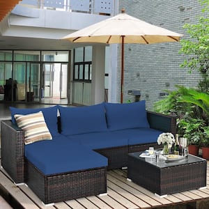5-Pieces Cushioned Rattan Patio Conversation Set with Ottoman Navy Cushion