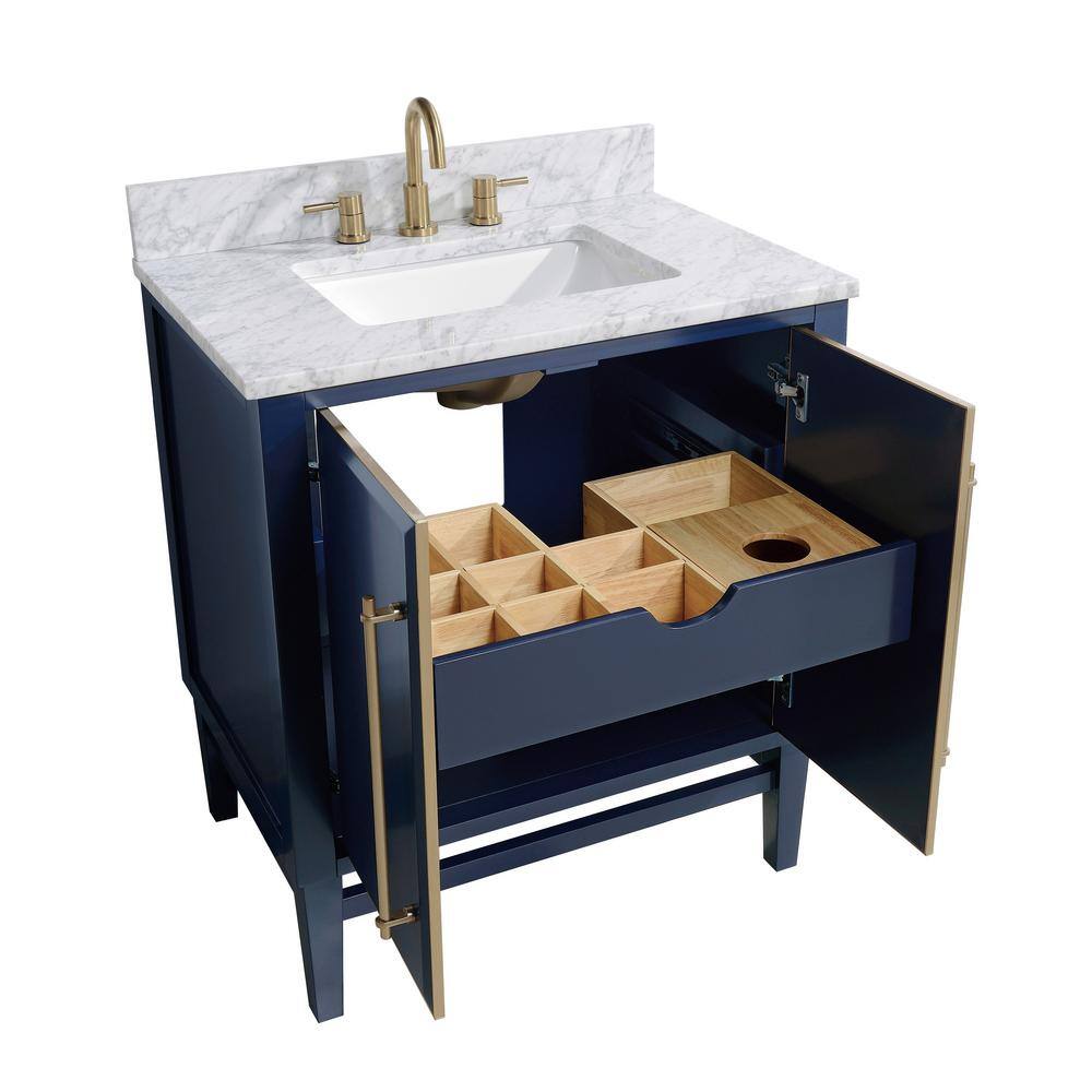 Mason 31" Navy Blue and Gold Solid Wood Vanity with Marble Top