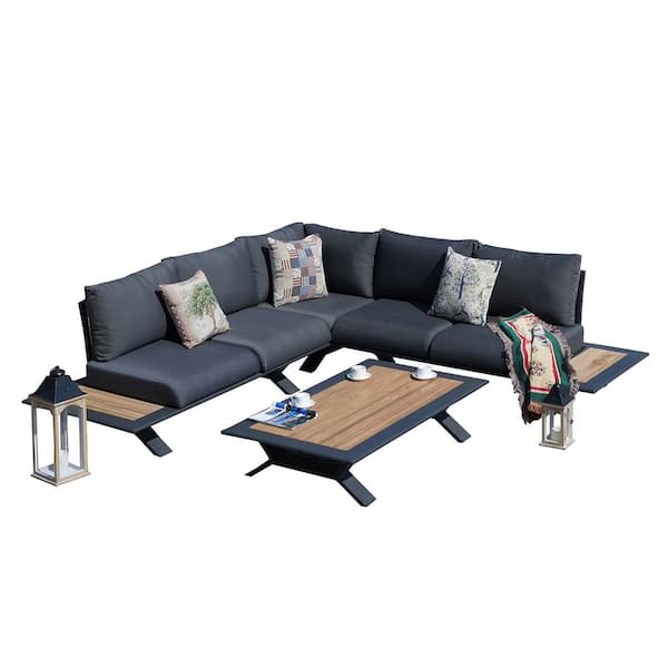 DIRECT WICKER Ailill 4-Piece Aluminum Patio Conversation Set with Dark-Gray Cushions and Built-in Side Tables