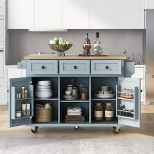 Blue Wood Kitchen Cart with Drop-Leaf Countertop, Cabinet door internal storage racks, 5-Wheels, 3-Drawers, Spice Rack