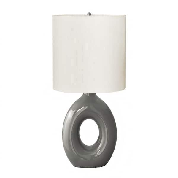 24 in. Gray Ceramic Table Lamp with Donut-Shaped Base and Oval Ivory Fabric Shade for Living Room, Bedroom and Office