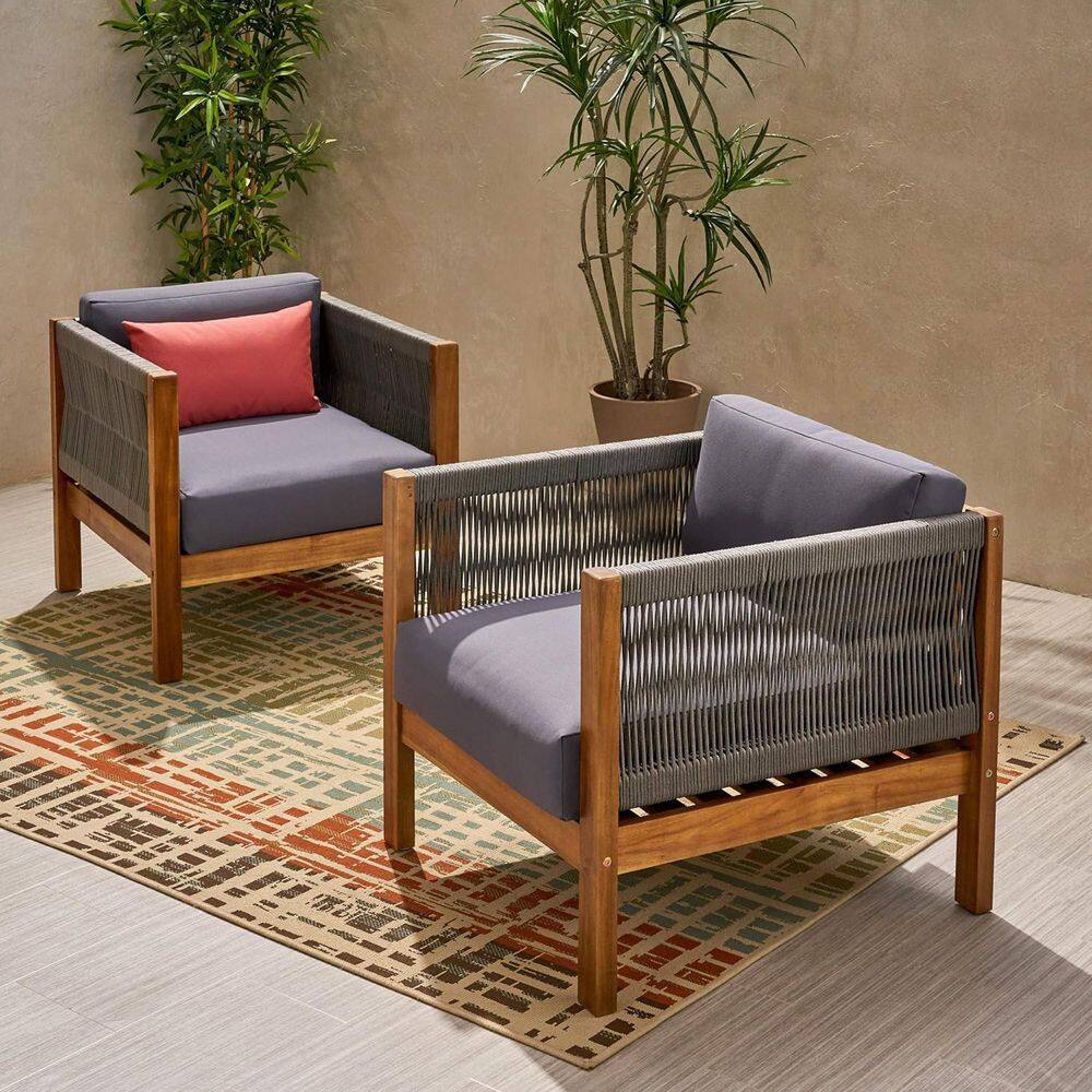 Wood Teak Outdoor Dining Chair with Gray Cushions (2-Pack)