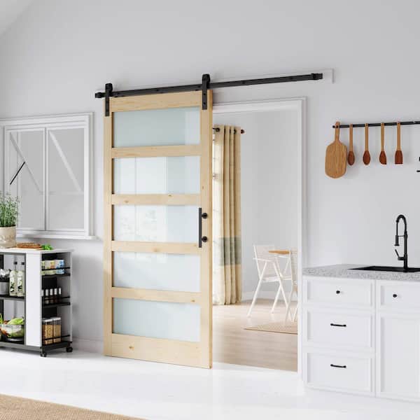 42 in. x 84 in. 5-Lite Tempered Frosted Glass Solid Core Spruce Wood Sliding Barn Door with Hardware Kit