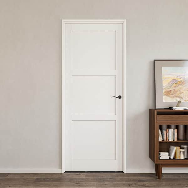 32 in. x 80 in. Paneled Blank 3-Lite Left Handed Primed Solid Core MDF Door with Quick Assemble Jamb Kit
