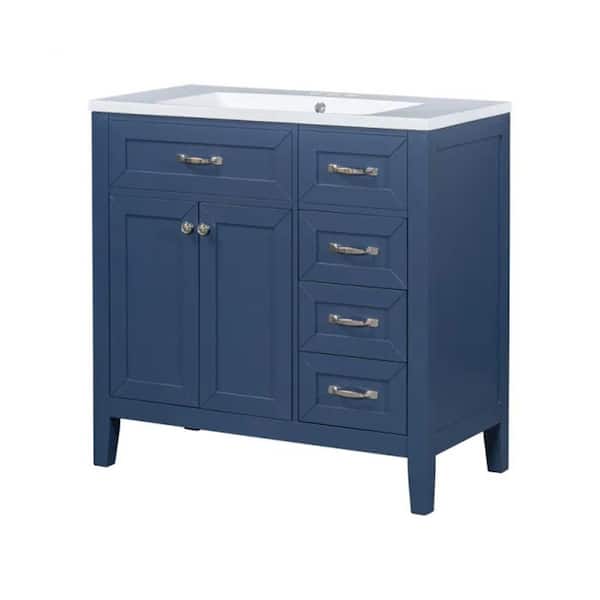 Aoibox 35.98 in. W x 18.03 in. D x 35.98 in H Single Sink Freestanding Bath Vanity Cabinet in Blue with White Ceramic Top