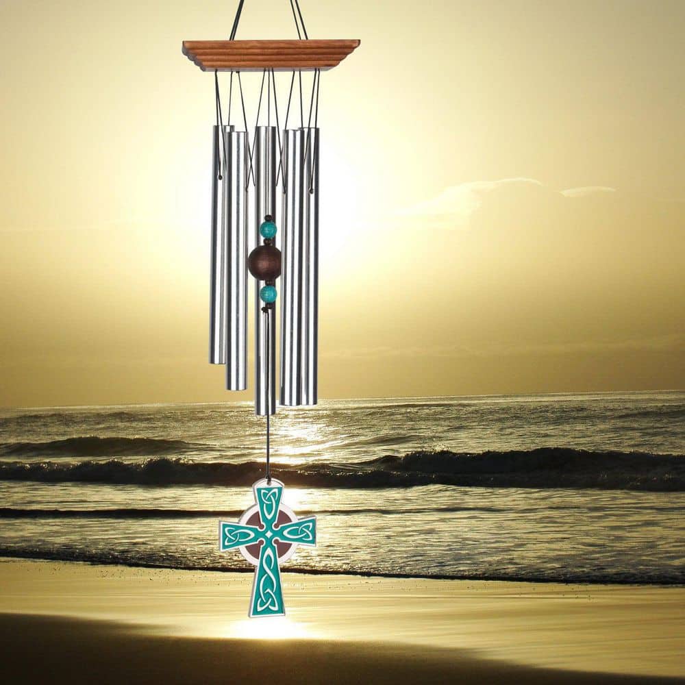 Teak Finish Pine and Silver Celtic Cross Wind Chime