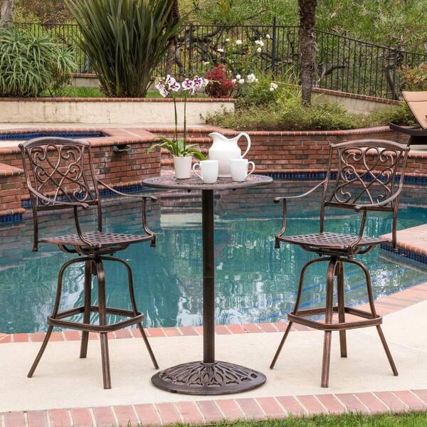 Noble House Santa Maria Cast Aluminum Brown 3 Piece Bistro Bar Set