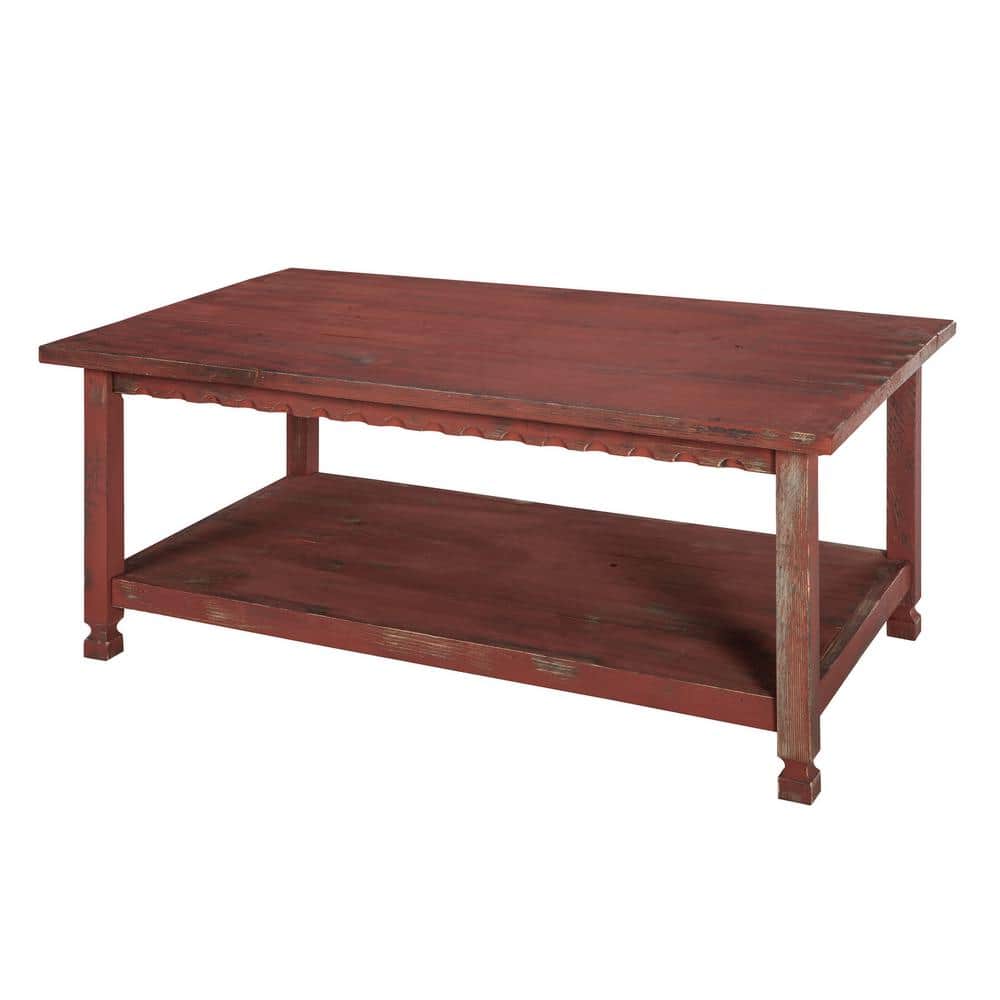Country Cottage 46'' Red Wood Coffee Table with Storage Shelf