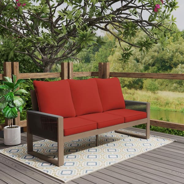3-Seater Hemlock Wood Wicker Outdoor Couch Patio Sofa with Thicken Red Cushions