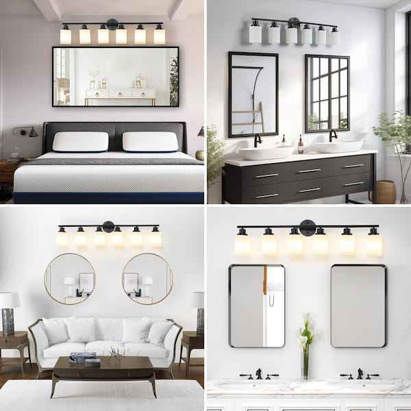 38.6 in. 6-Light Black Bathroom Light Fixtures Black Bathroom Vanity Light Over Mirror with Opal White Glass Shade