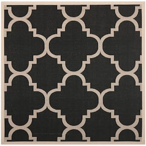 Courtyard Black/Beige 7 ft. x 7 ft. Square Geometric Indoor/Outdoor Patio  Area Rug