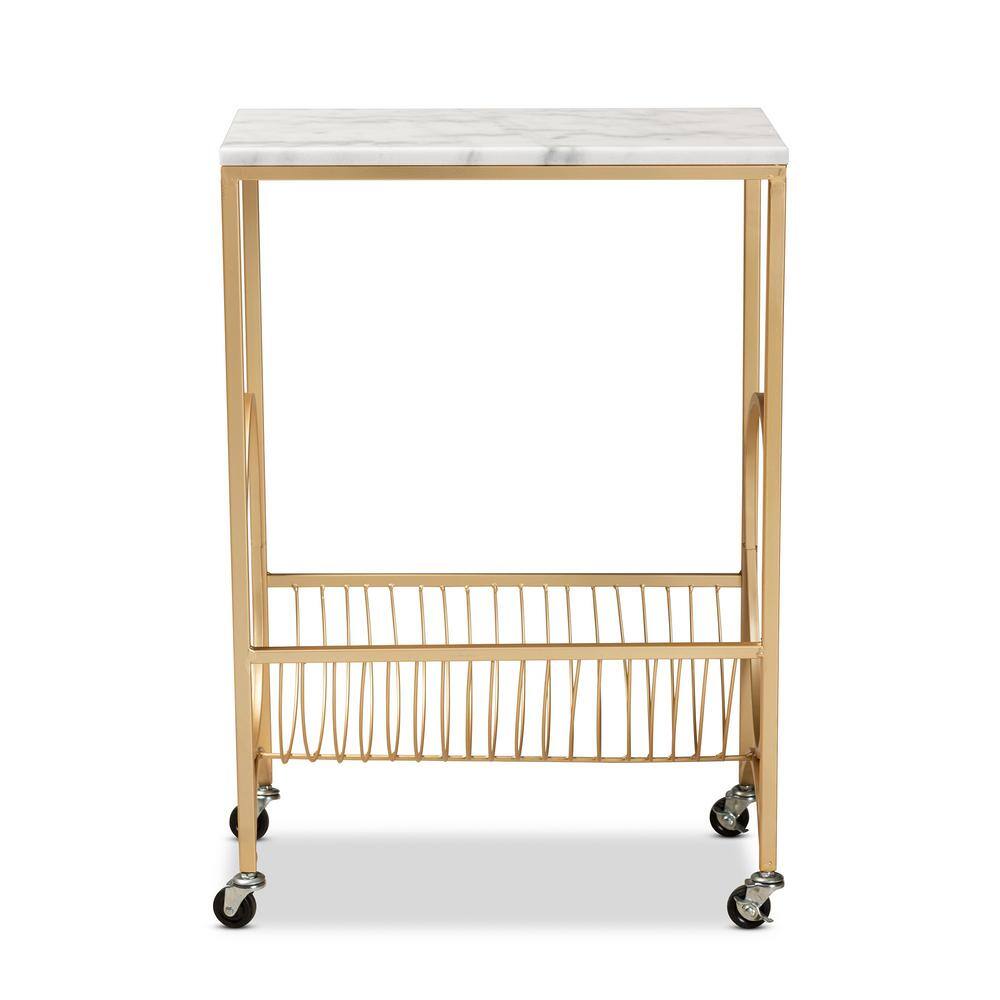 Gold Metal Wine Cart with Marble Top and Storage