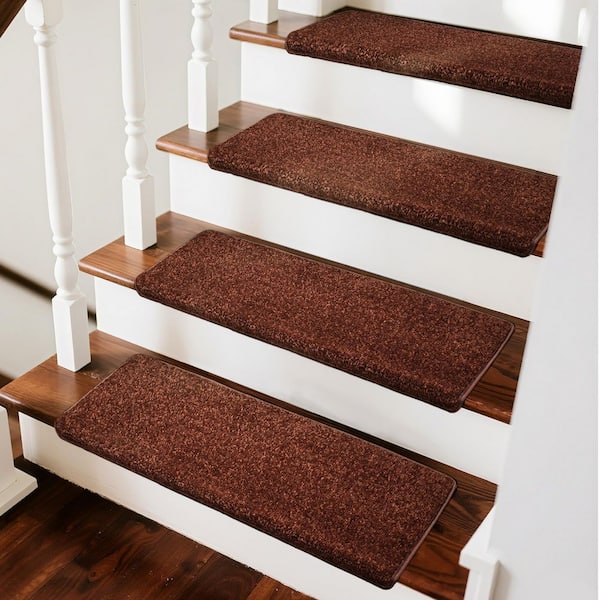 PURE ERA Brown 9.5 in. x 30 in. x 1.2 in. Bullnose Polypropylene Indoor Non-slip Carpet Stair Tread Cover (Set of 14)