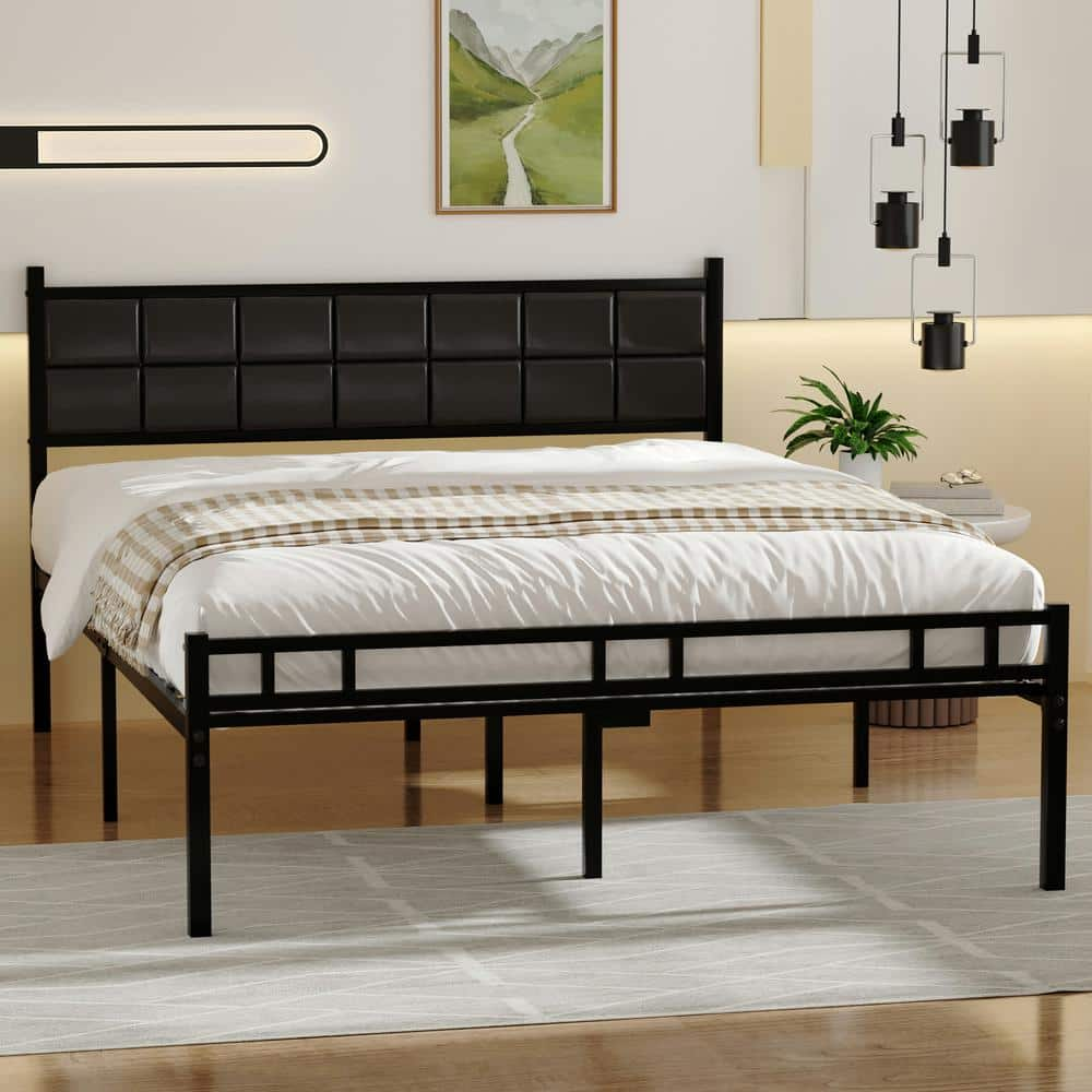 VECELO Heavy-Duty Bed Frame Black Metal Frame Full Platform Bed with PU ...