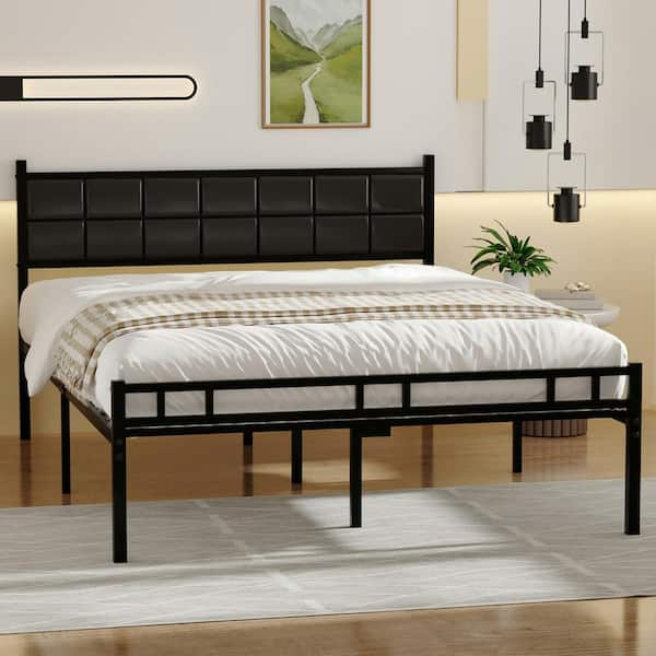 Vecelo Heavy-duty Bed Frame Black Metal Frame Full Platform Bed With Pu 