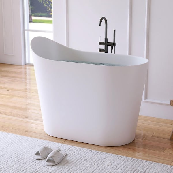 43 in. x 23 in. Stone Resin Solid Surface Flatbottom Freestanding Japanese Soaking Bathtub in White with Seat