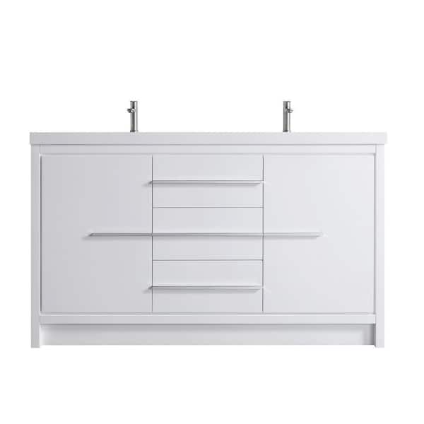 59 in. D x 19.75 in. W x 35 in. H Double Sink Freestanding Bath Vanity in White with Cultured Marble Top (Assembled)