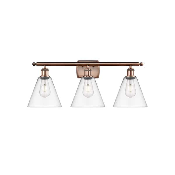 Berkshire 28 in. 3-Light Antique Copper, Clear Vanity Light with Clear Glass Shade
