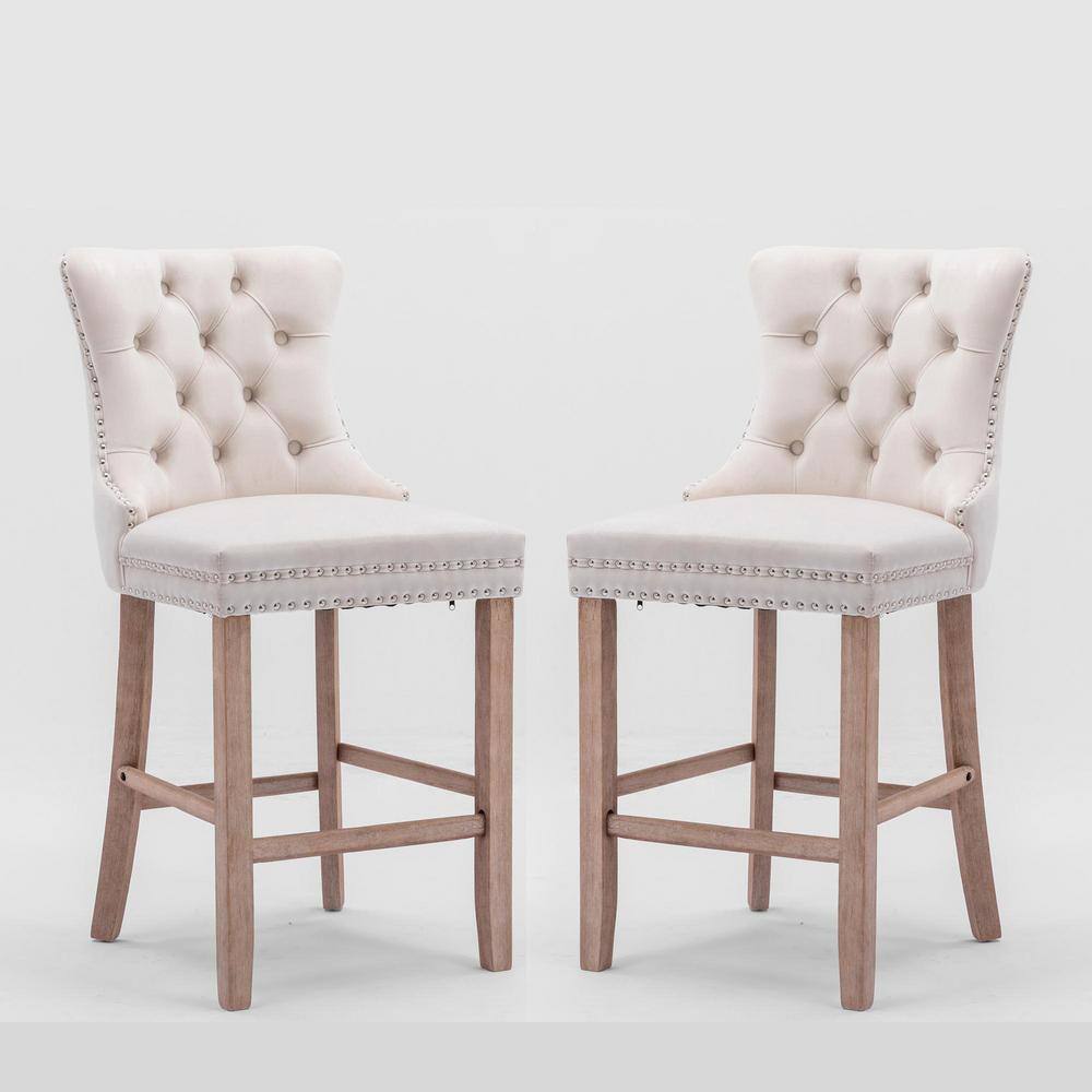Beige Velvet Upholstered Bar Stools with Natural Wood Legs, Set of 2