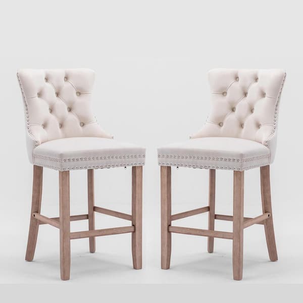 mieres Velvet Upholstered Barstools Leisure Style Bar Chairs with Wood Legs, Nailhead Trim and Button Tufted Back (Set of 2）
