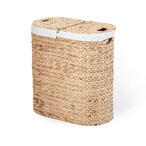 Hand Woven Natural Wicker Water-Hyacinth Lidded Oval Double Laundry Hamper with Bags
