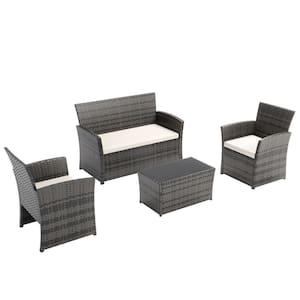 Gray 4-Piece Wicker Outdoor Patio Conversation Furniture Sofa Set with Beige Cushions and Coffee Table, Apt, Porch, Yard