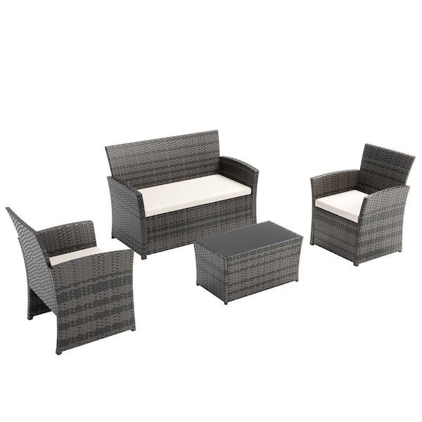 JUSKYS Gray 4-Piece Wicker Outdoor Patio Conversation Furniture Sofa Set with Beige Cushions and Coffee Table, Apt, Porch, Yard