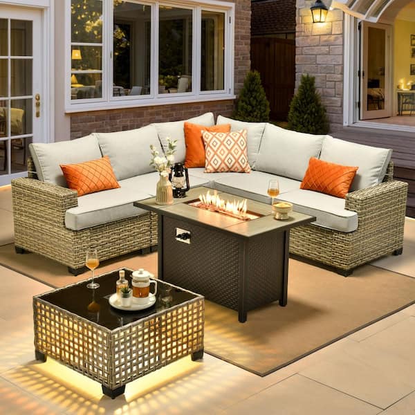 HOOOWOOO Kelleys 7-Piece Wicker Outdoor Patio Conversation Sofa Sectional Set with a Fire Pit and Light Grey Cushions