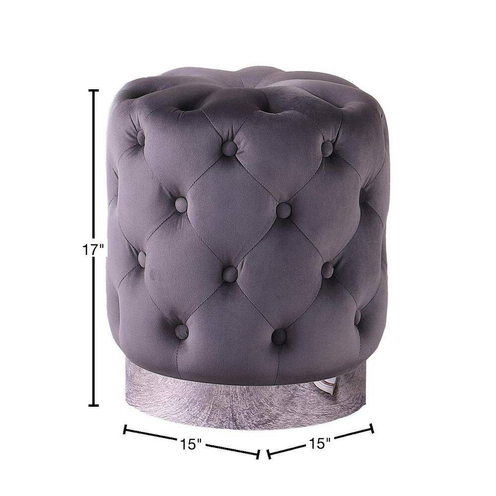 Gray Tufted Round Velvet Ottoman with Stainless Steel Base