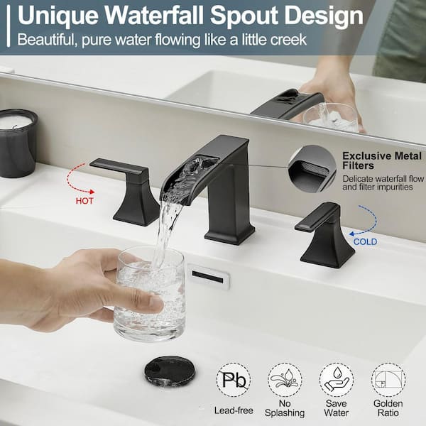 8 in. Widespread 2-Handle Waterfall Spout Bathroom Sink Faucet with Pop-Up Drain and Supply Lines in Matte Black