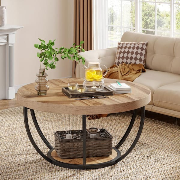 TRIBESIGNS WAY TO ORIGIN Inaayah 31.7 in. Wood Color Small Round MDF Coffee Table with Storage Modern Industrial Center Table for Living Room