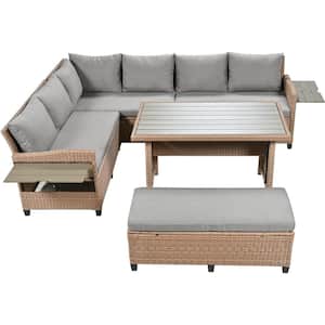 5-Piece Brown Rattan PE Wicker Outdoor Patio Sectional Sofa Set with Gray Cushions 2 Extendable Side Tables Dining Table