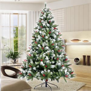 7.5 ft. Unlit Artificial Christmas Tree Flocked Pine Needle Tree with Cones Red Berries