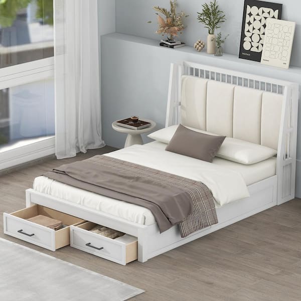 White Wood Frame Full Size Platform Bed with Upholstered Headboard and 2 Drawers