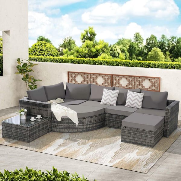 8-Piece L-Shaped Gray Wicker Outdoor Patio Sectional Sofa Set with Dark Gray Cushions and 1 Coffee Table