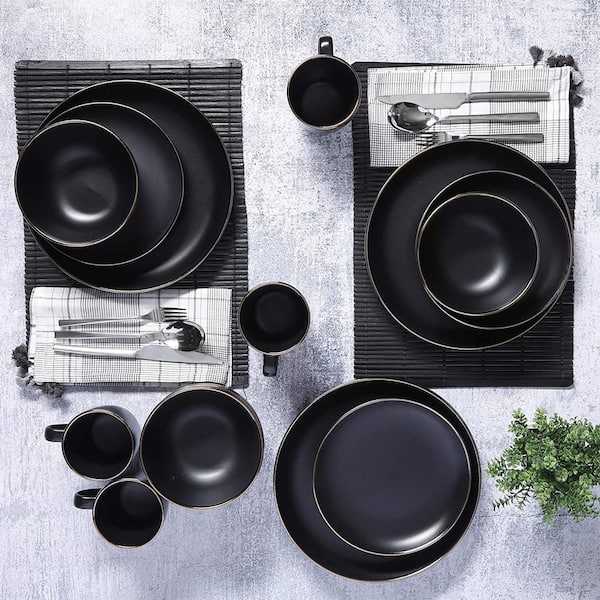 Modern Gold Rim Porcelain Matte Glazed Black and White Dinnerware