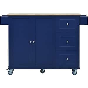 Blue Solid Wood 52.7 in. W Kitchen Island with 3-Drawers and Door Cabinet