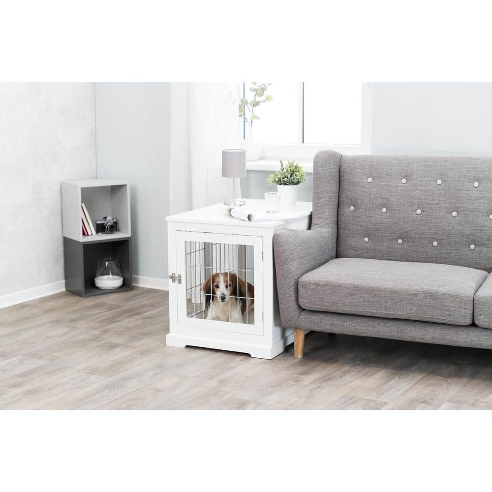 White Wooden Small Dog Crate Table with Lockable Doors