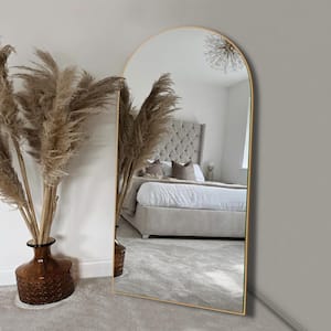 28 in. W x 70.5 in. H Oversized Modern Arch Wood Framed Gold Full Length Standing Mirror Floor Mirror