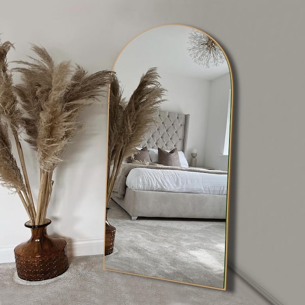 LuxHomez 28 in. W x 70.5 in. H Oversized Modern Arch Wood Framed Gold Full Length Standing Mirror Floor Mirror