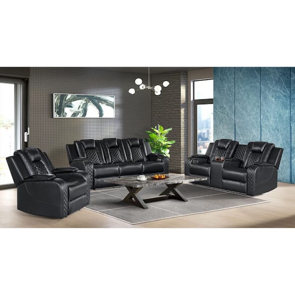 Amias 85 in. Polyester Rectangle Pillow Top Arm Power Motion Sofa with Power Headrest in Black