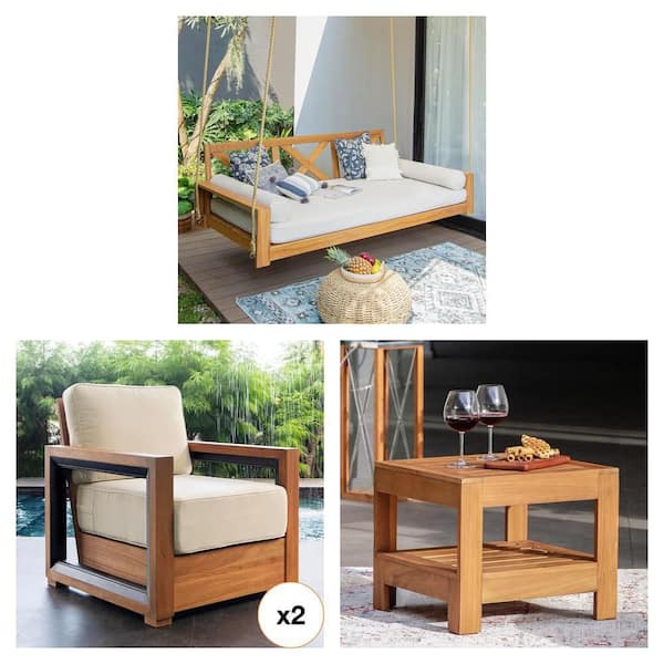 Largo Teak Side Table, 2-Person Swing Daybed with Cushion and Lounge Chair Combo