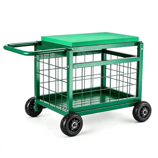 3-in-1 Rolling Garden Cart with Seat, Heavy Duty Steel Frame Gardening Stool with 20 Quart Storage Basket & Large Rubber