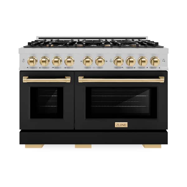 Autograph 48 in. Select Double Oven Dual Fuel Range with 8 Burners in Satin Steel with Black Doors and Gold Accents