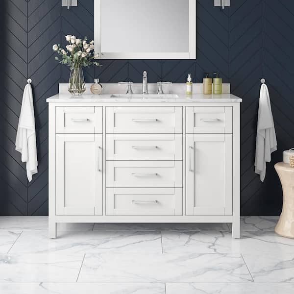 Home Decorators Collection Riverdale 48 in. W x 21 in. D x 34 in. H Single Sink Bath Vanity in White with Carrara Marble Top