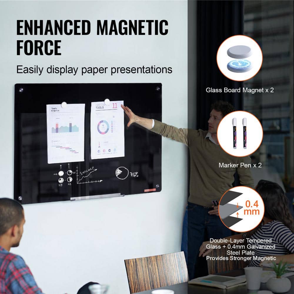 Black Frameless Magnetic Glass Whiteboard 36" x 24"