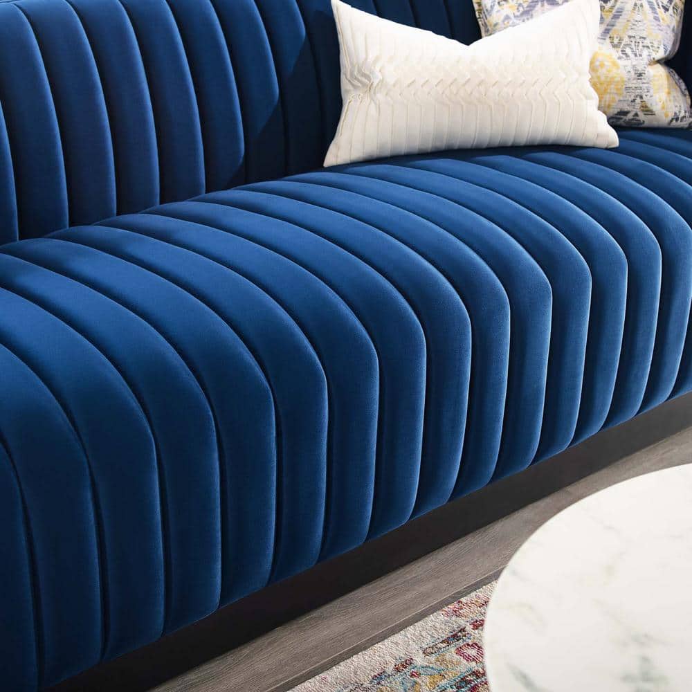 Elegant Navy Velvet Tufted Tuxedo Sofa with Solid Wood Base