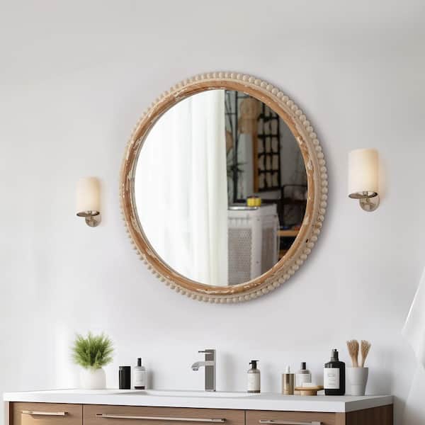 27 in. W x 27 in. H Round Antiqued Wood Finish Framed with White Beaded Accent Wall Mirror