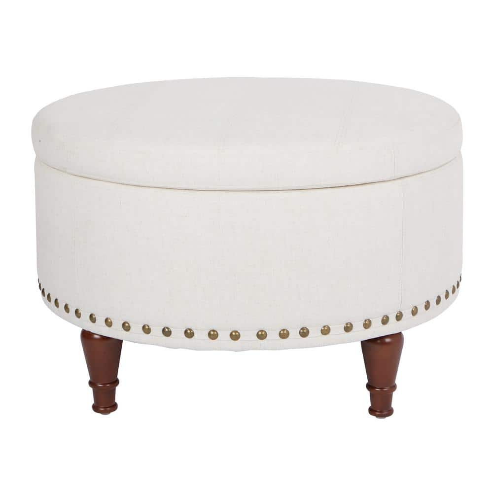 Alloway Round Linen Storage Ottoman with Antique Bronze Nailheads