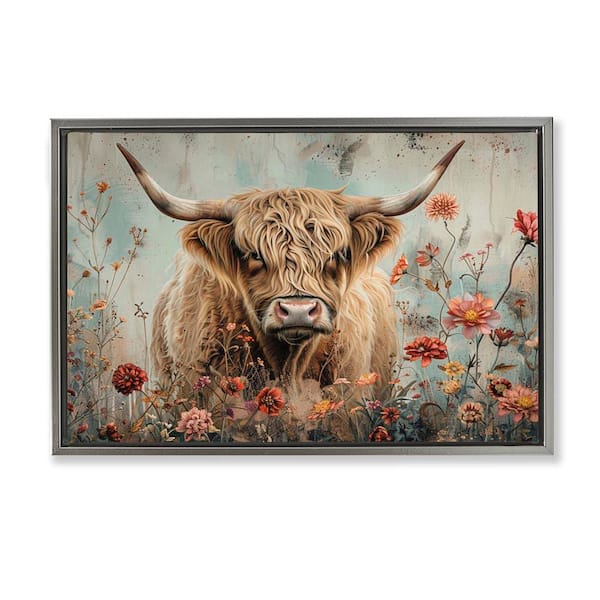Stupell Industries Spring Blooms Highland Cow by LSR Design Studio Gray Floater Frame Animal Graphic Art Print 21 in. x 31 in.